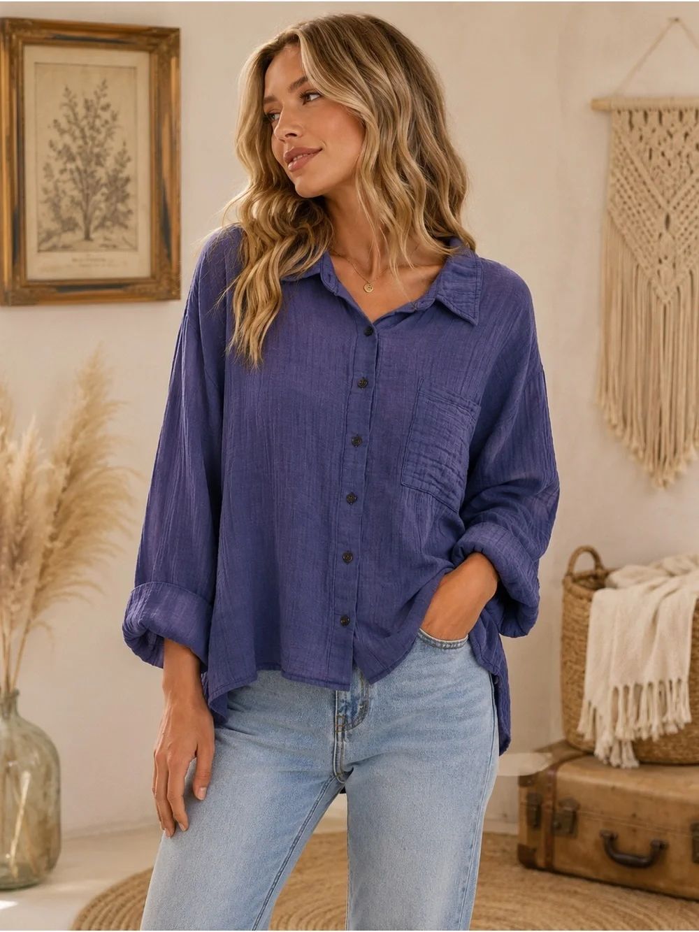 Simply Southern Relaxed Blue Gauzy Button-Front Shirt